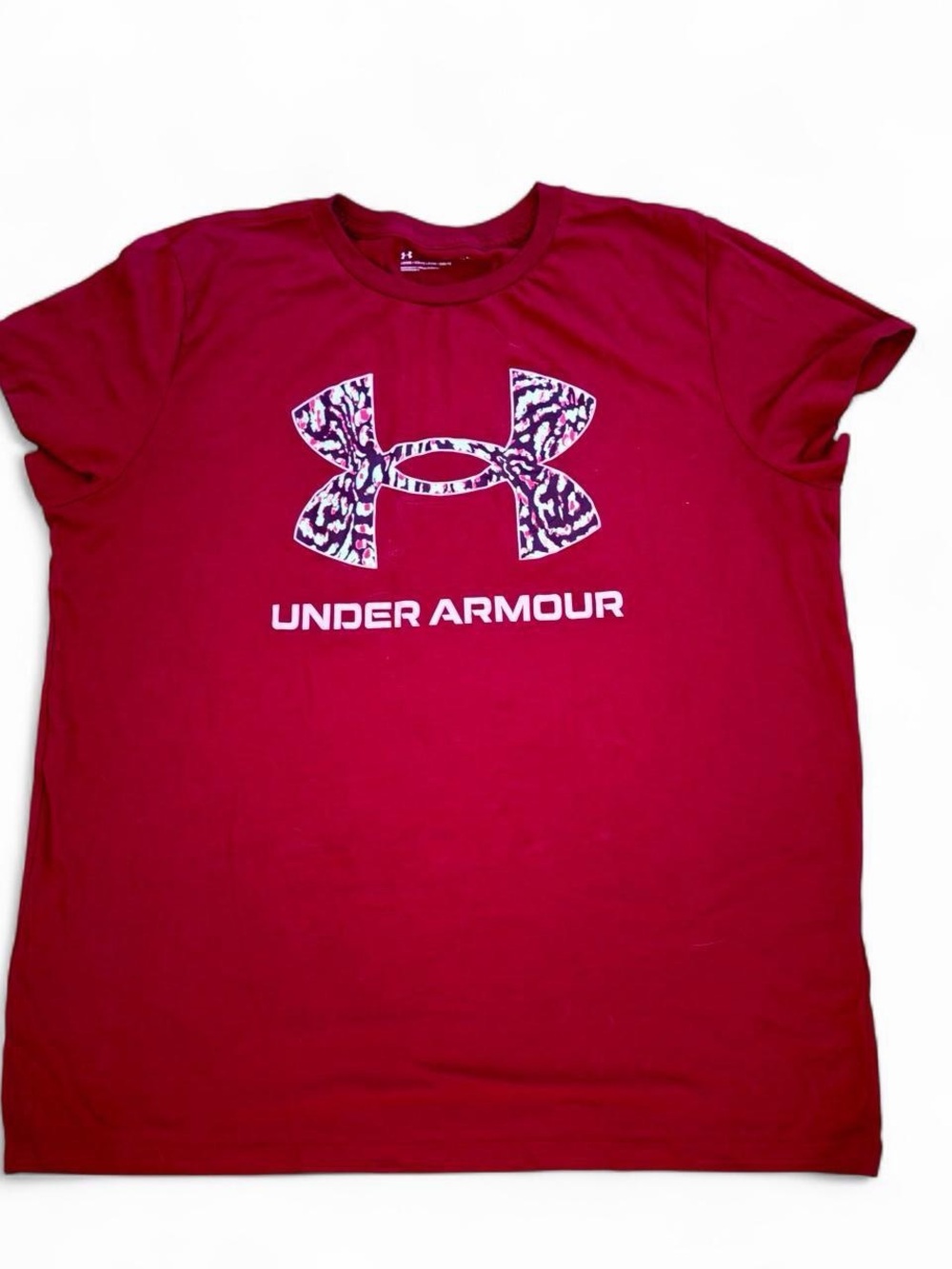 Under Armour burgundy t-shirt with white logo, purple leopard print Sz XL